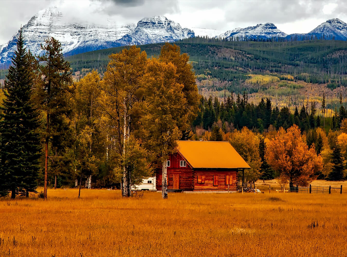 Wood Cottage Surrounded By Forest And Hills Backdrop For Photography IBD-24435