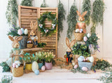 Wooden Board Pot Background Easter Bunny Decoration Photo Backdrop IBD-19923