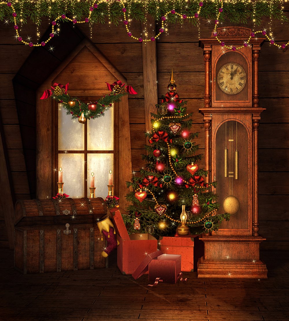 Cartoon Wood Background With Christmas Tree And Wood Clock Christmas Backdrop IBD-P19163