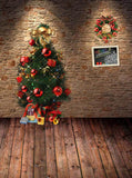 Christmas Tree Brick Wall Wooden Floor Photo Background Backdrops Cloth ST-009 - iBACKDROP-Brick Wall, chri, chris, christ, christm, Christmas Backdrop, Christmas Backdrops, Christmas Tree Backdrop, For Photography Diy Christmas Backdrop, New Arrivals, Wooden Floor Backgrounds