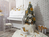 Brick Wall Decored Green Christmas Tree With White Gold Flowers And White Piano Photography Backdrops IBD-24202