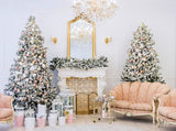 Classical Decorations Green Christmas Tree Vintage Chandelier Fireplace And Sofa Photography Backdrops IBD-24204