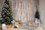 Wood Wall Decorations Green Christmas Tree With White Stars And Yellow Light Strings Photography Backdrops IBD-24199