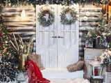Vintage Wooden House Door Decorations Green Christmas Tree And Candle Light Photography Backdrops IBD-24198