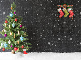 Decored Green Christmas Tree Stocking Sock Snowing Black Board Backdrops IBD-24245