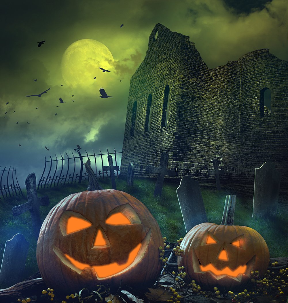 Festival Backdrops Halloween evil-pumpkin-lanterns-background-brick-wall IBD-P19072 - iBACKDROP