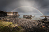 Full Rainbow Over Rocks And Water Beach Scenic Background IBD-24303
