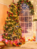 Green Chrismtas Tree Decored By Gold And Red Berries Backdrops IBD-24250