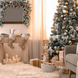 Green Christmas Tree And Fireplace Photography Backdrops IBD-24252