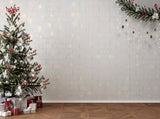 Green Christmas Tree And Present Box White Brick Wall Photography Backdrops IBD-24246
