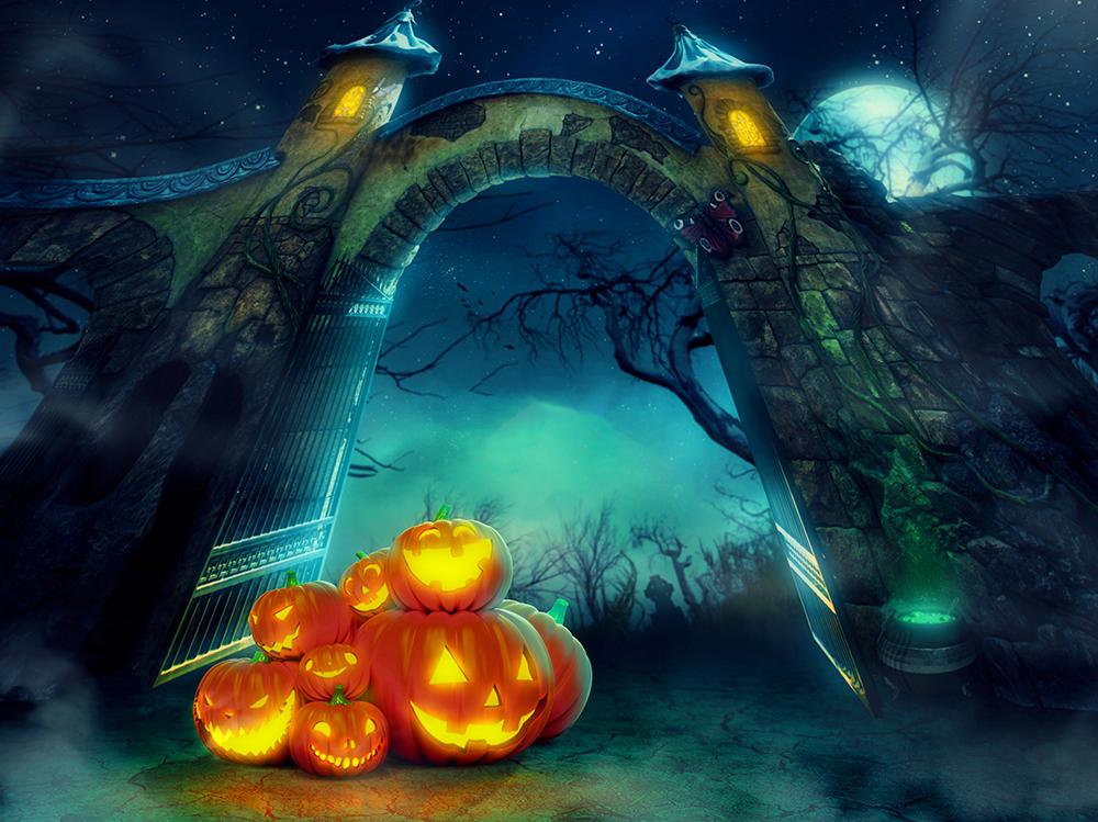 Festival Backdrops Halloween Horrible Brick Wall Gate Pumpkin Lanterns IBD-H19059