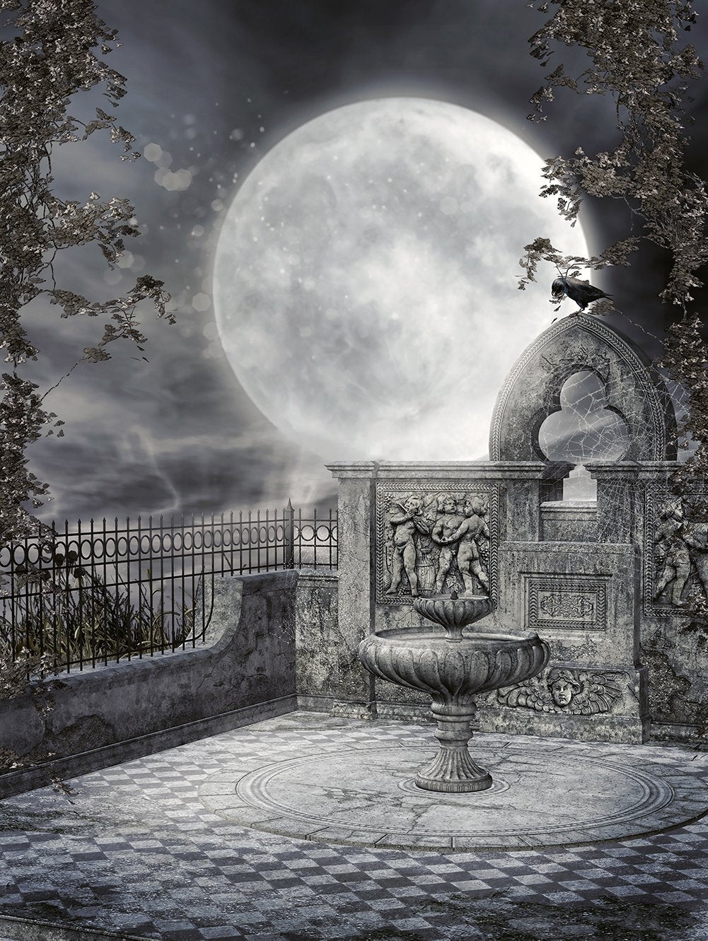 Horrify Background European Fountain Halloween Festival Backdrops IBD-P19095