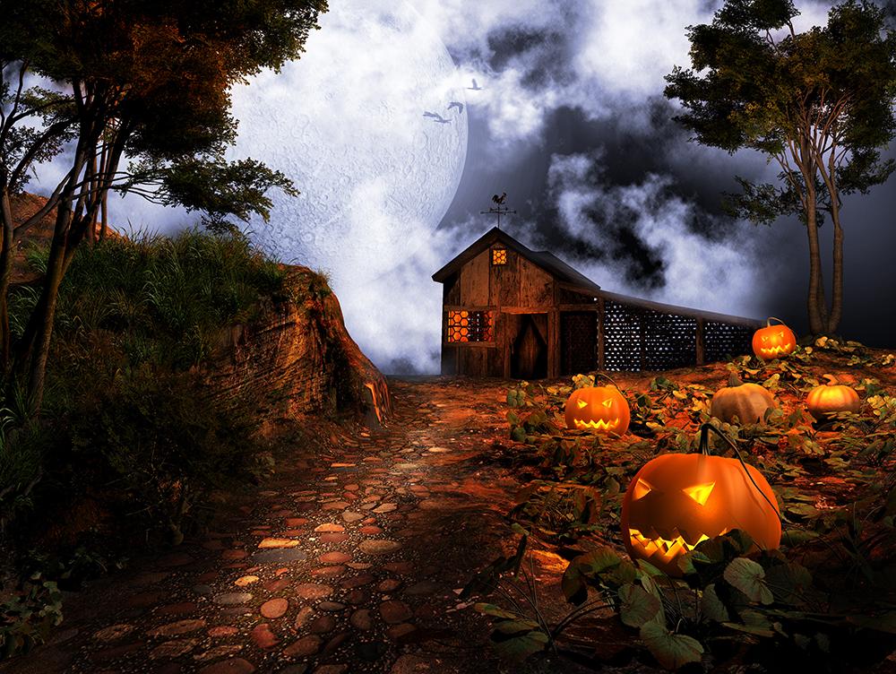 Festival Backdrops Halloween Moonlight Wooden House Pumpkin Lanterns IBD-H19064