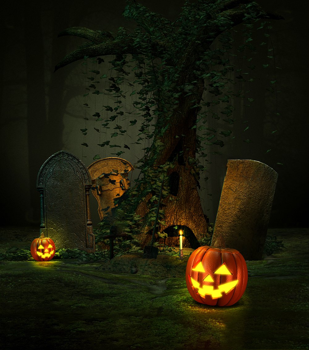 Old Tree Background Pumpkin Lanterns Halloween Backdrops IBD-19136 - iBACKDROP
