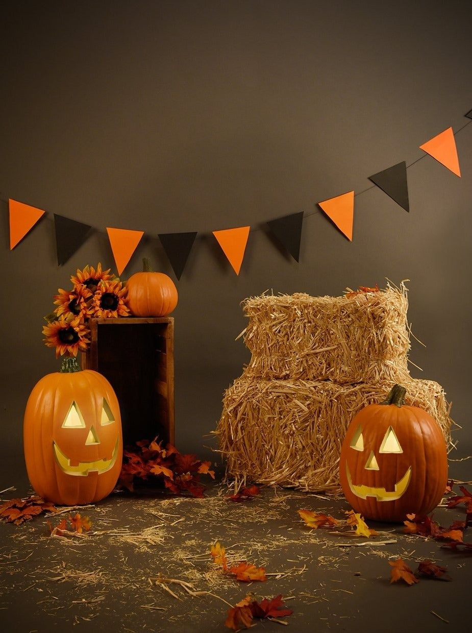 Festival Backdrops Halloween Backdrops Pumpkin Lanterns Haystack Background 