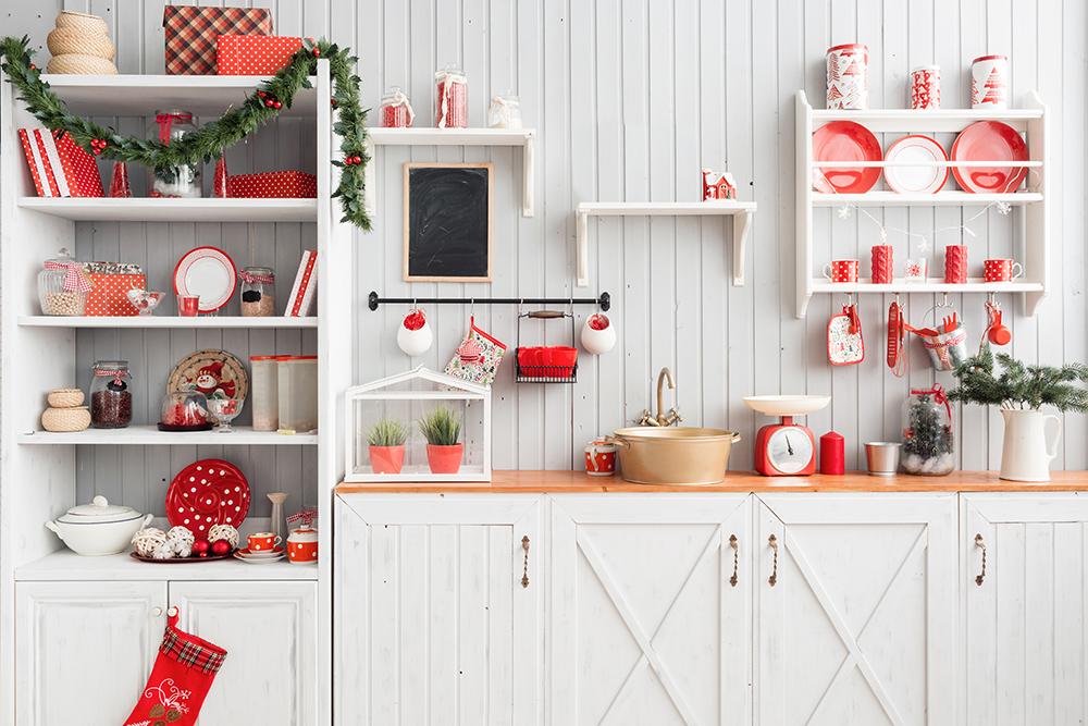 Red Cookers On The Cupboard Background Christmas Backdrop For Photography IBD-H19149