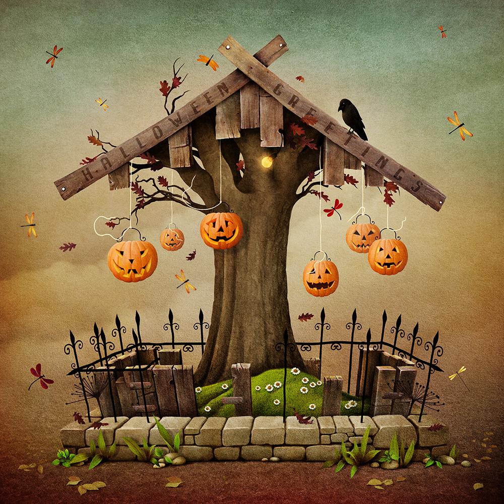 Tree House With Pumpkin Lanterns Halloween Festival Backdrops IBD-19090
