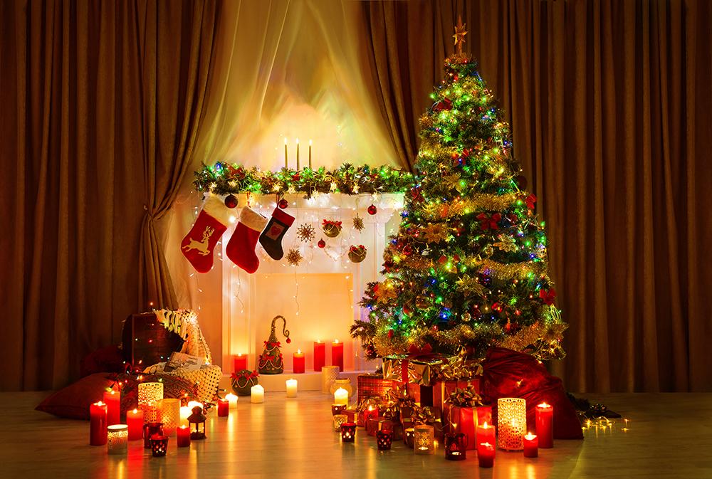 Warm Stove With Curtains Background Christmas Tree With Candles Backdrops Photography Backdrops IBD-H19175