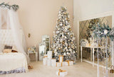 Decorated Room Christmas Gifts Backdrop Christmas Tree Background IBD-24175 - iBACKDROP-baby, chr, chri, chris, christ, christm, Christmas Backdrops, Christmas Background, christmas tree, New Arrivals, photography backdrops, white, wooden window
