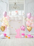 White Wall And Pink Balloon 1st Birthday Backdrops IBD-24239