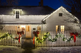 Christmas Tree White Wooden House Decorated With Lights Backdrop IBD-24158 - iBACKDROP-chr, chri, chris, christ, christm, Christmas Backdrops, Christmas Background, christmas tree, light, New Arrivals, party backdrop, photography backdrops, white house